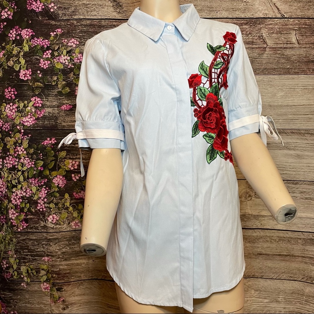 Red Flower Collared Button Up Top